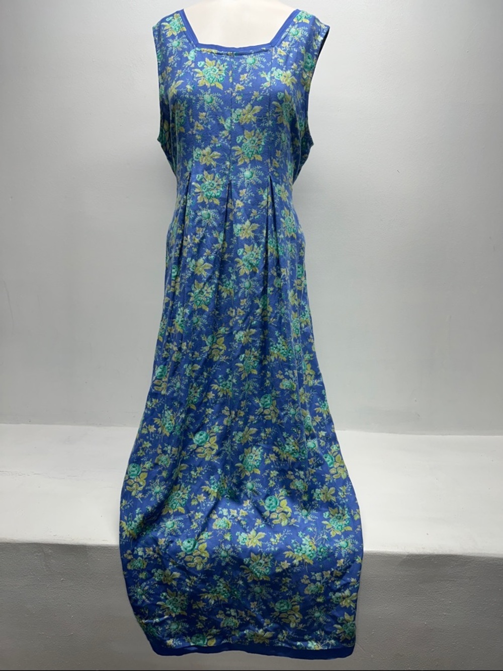 April Cornell Dress Midi Sleeveless Button Tie Floral Pleat Blue Vintage Medium